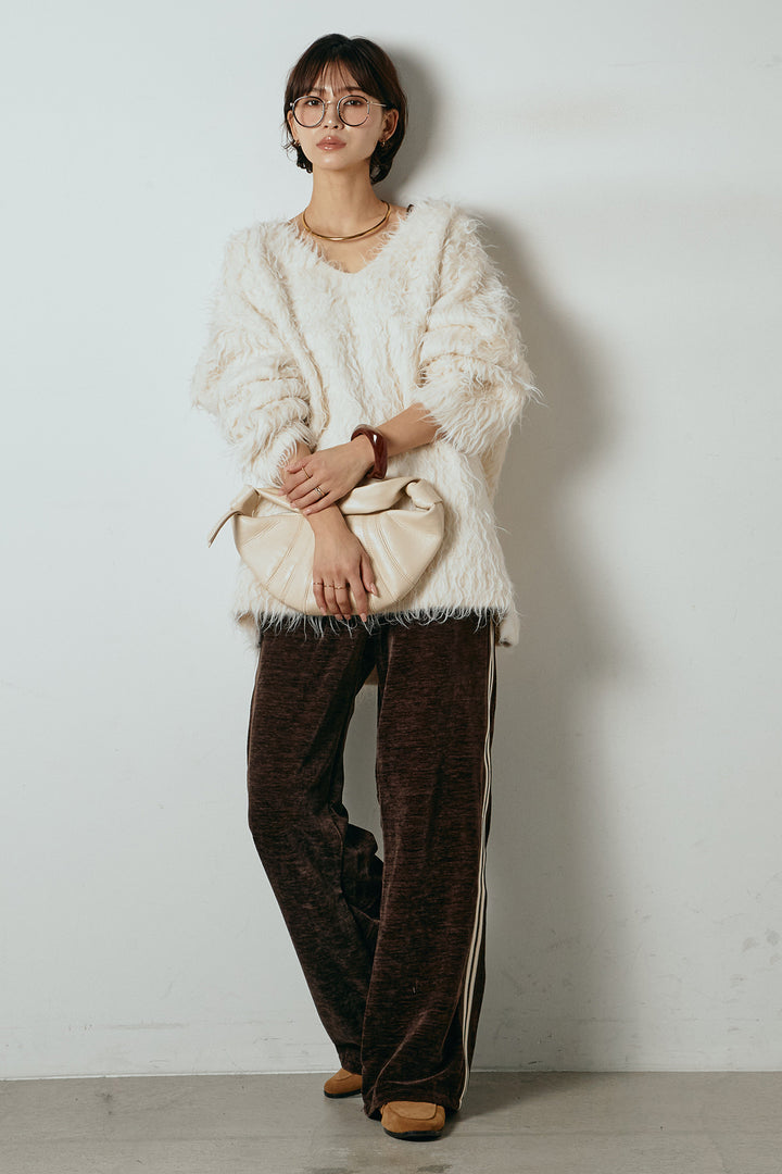 [SET]深Vネックシャギーニットトップス+リラックスサイドラインベロアワイドパンツ(2set)