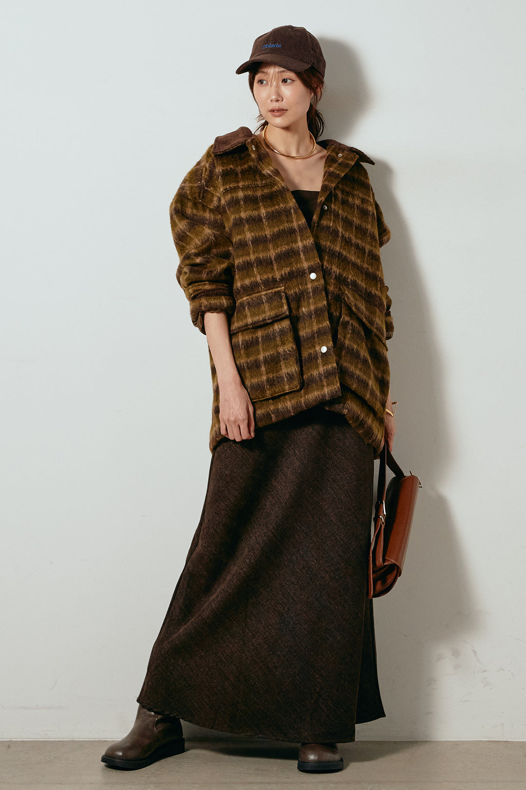 [SET]チェックシャギーミドルカバーオール+スウェードライクロングスカート(2set)