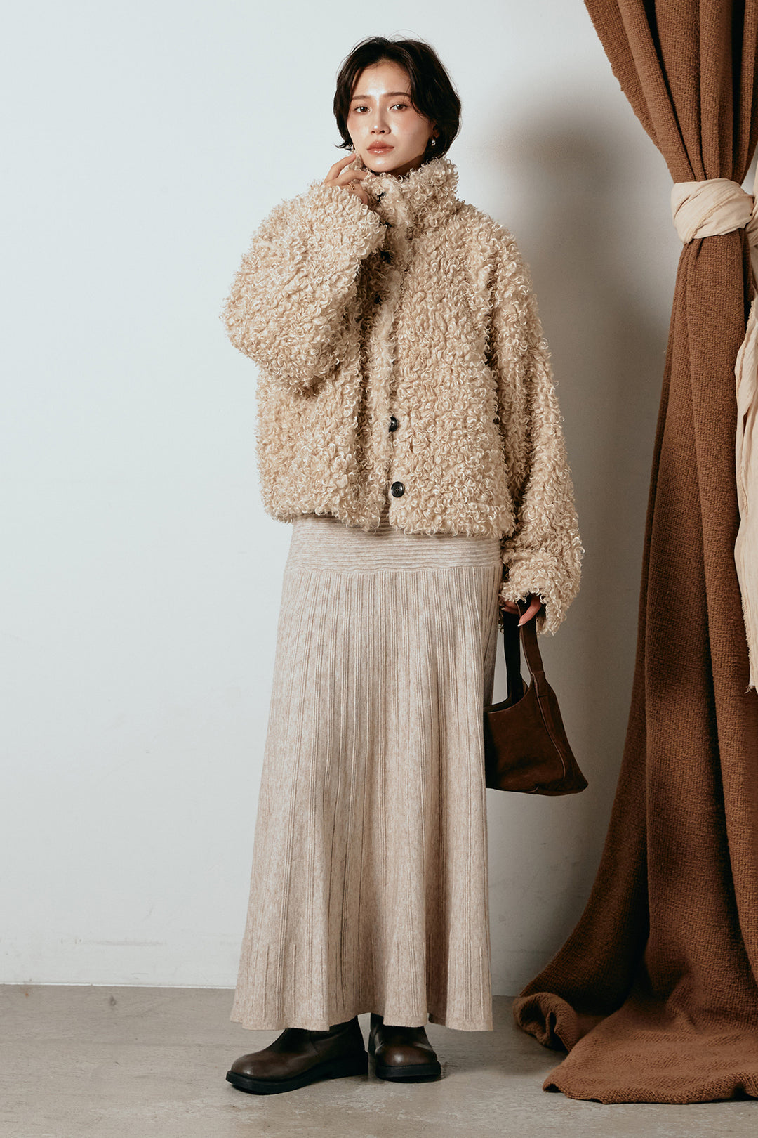 [SET]プードルファーミドルジャケット+編み地切り替えフレアニットスカート(2set)