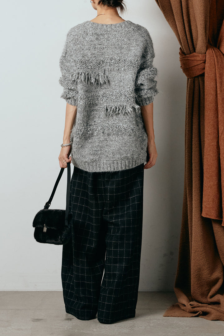 [SET]フリンジニットカーディガン+ウールライクチェックタックパンツ(2set)