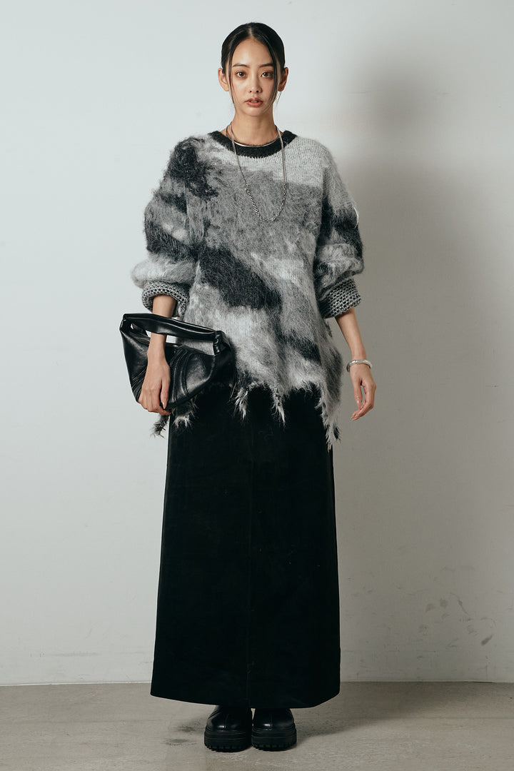 [SET]起毛裾デザインニュアンス柄ニットトップス+エコスウェードワイドスカート(2set)