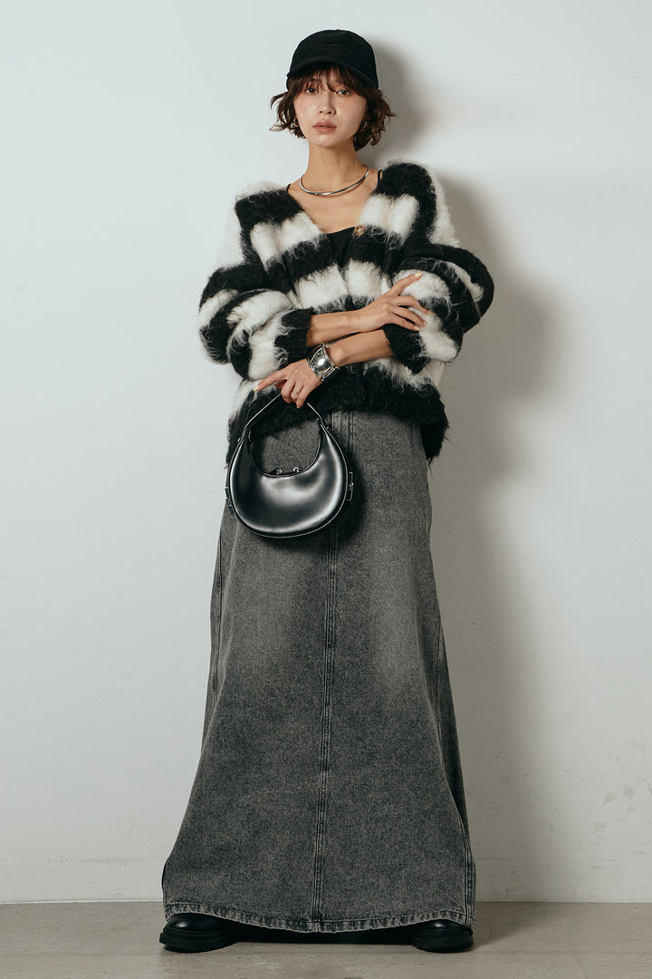 [SET]シャギーボーダー柄ニットカーディガン+デニムロングフレアスカート(2set)