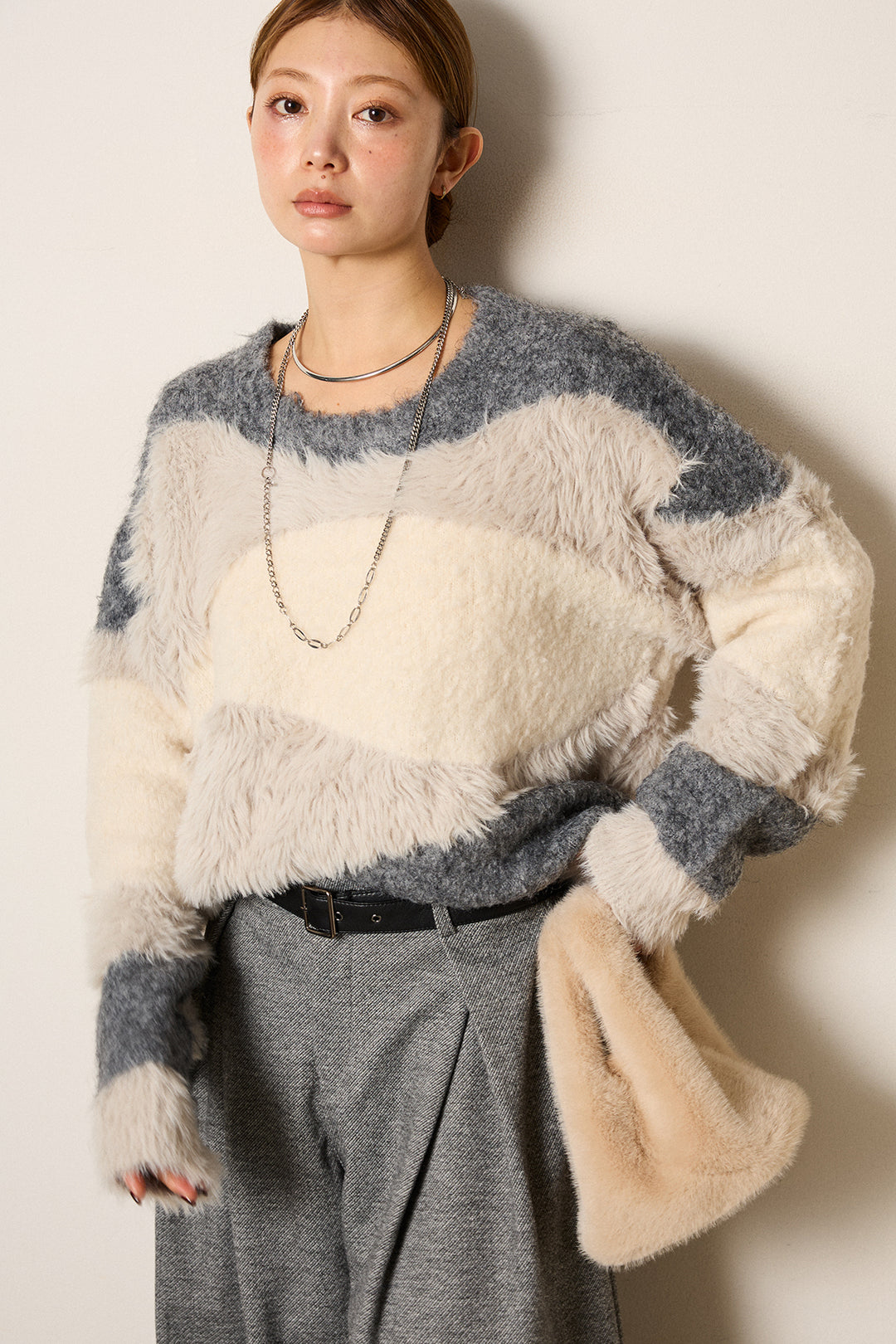 [SET]シャギーウェーブ柄クルーネックニットトップス+細ベルト付き起毛タックワイドパンツ(2set)