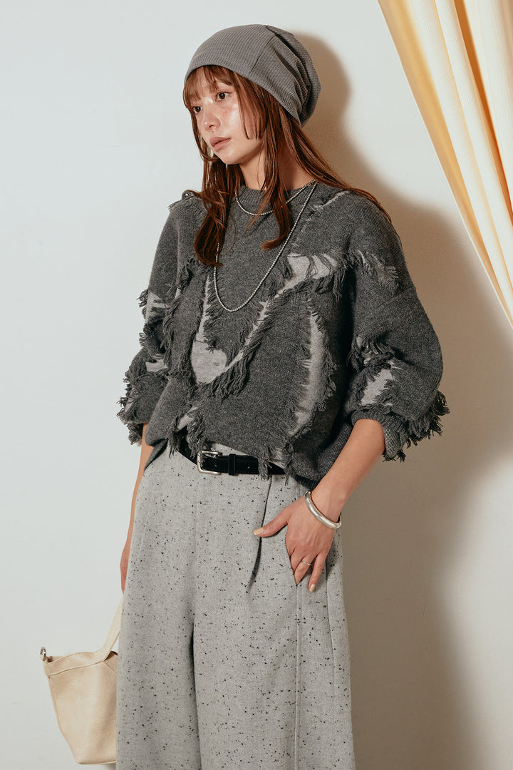 [SET]シャギージャガードニットトップス+ベルト付きネップツイードカーブパンツ(2set)