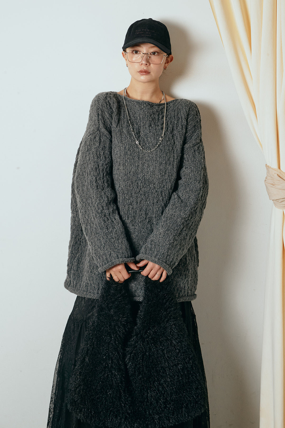 [SET]ボリューム編みニットプルオーバー+ひげレース切替ロング丈スカート(2set)