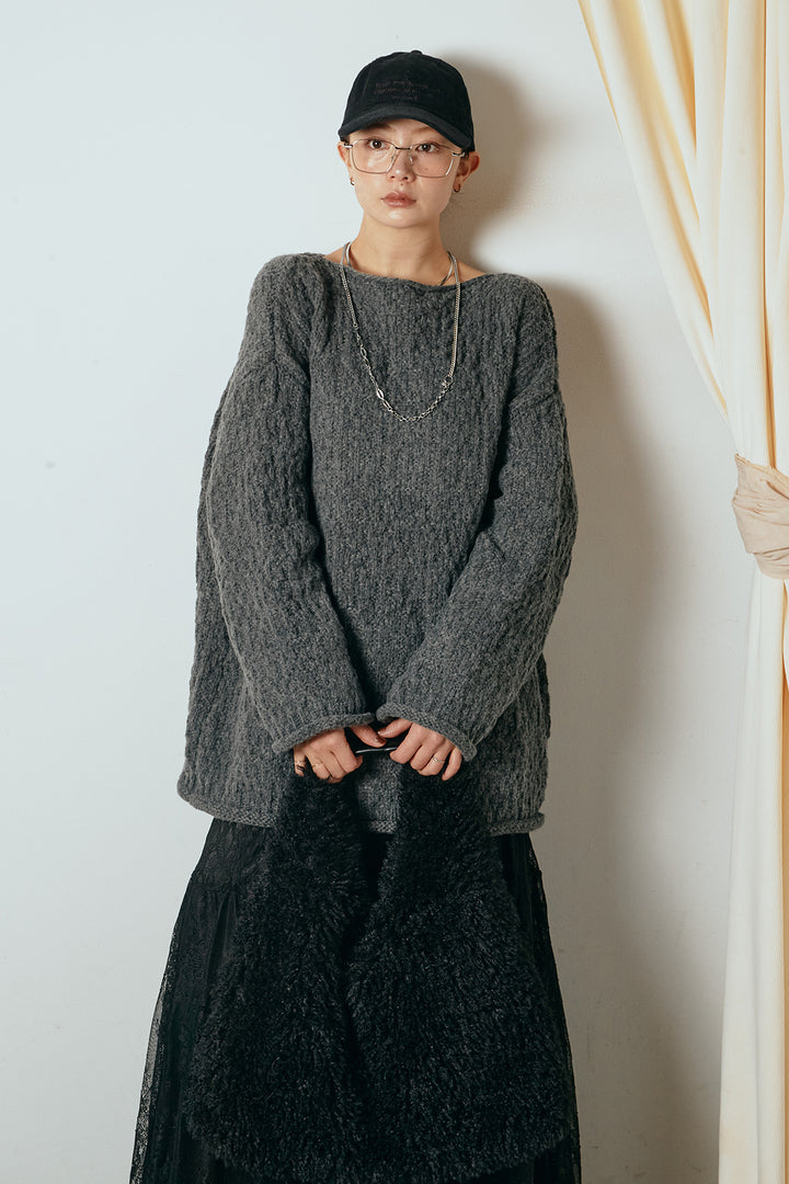 [SET]ボリューム編みニットプルオーバー+ひげレース切替ロング丈スカート(2set)