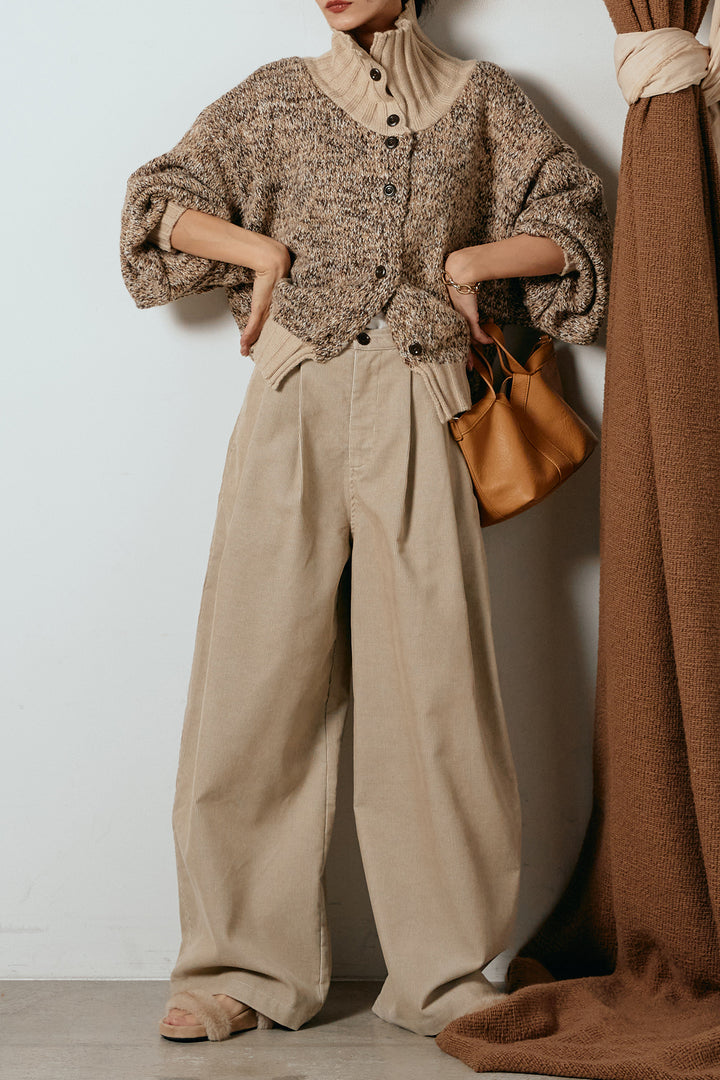 [SET]ハイネックミックスニットカーディガン+フロントタック入りコーデュロイパンツ(2set)