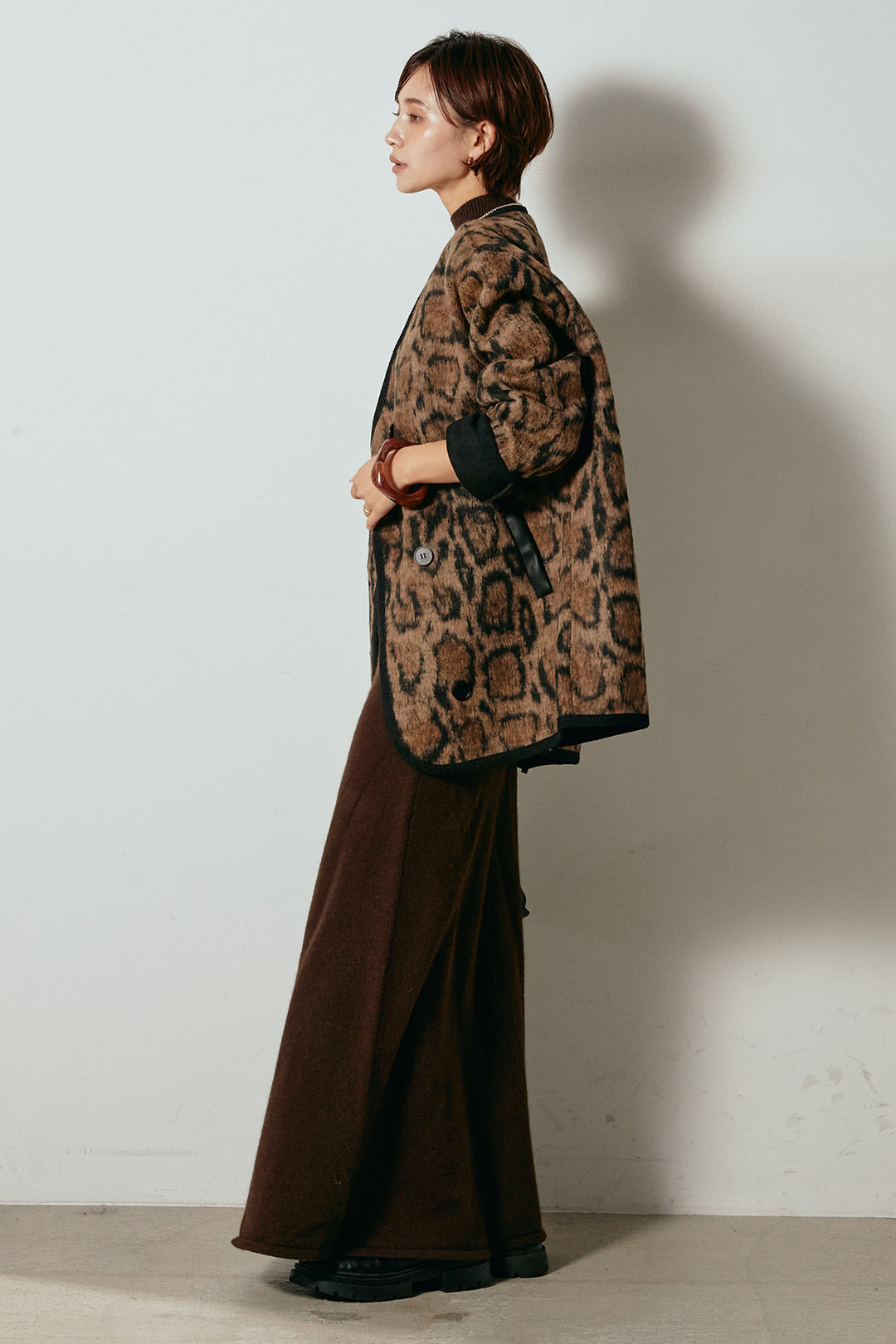 [SET]ノーカラーレオパード柄アウター+ノースリーブニットロングワンピース(2set)