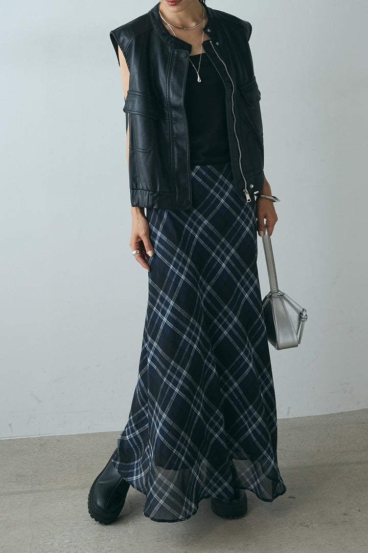 [SET]バンドカラーフェイクレザーベスト+マルチ柄シアースカート(2set)