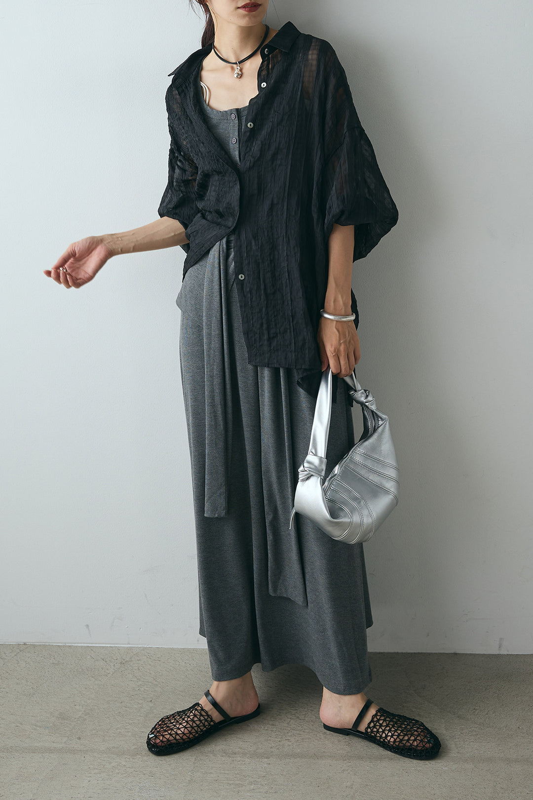 [SET]シアーマルチチェック柄シャツ+ウエスト巻きリブロングワンピース(2set)