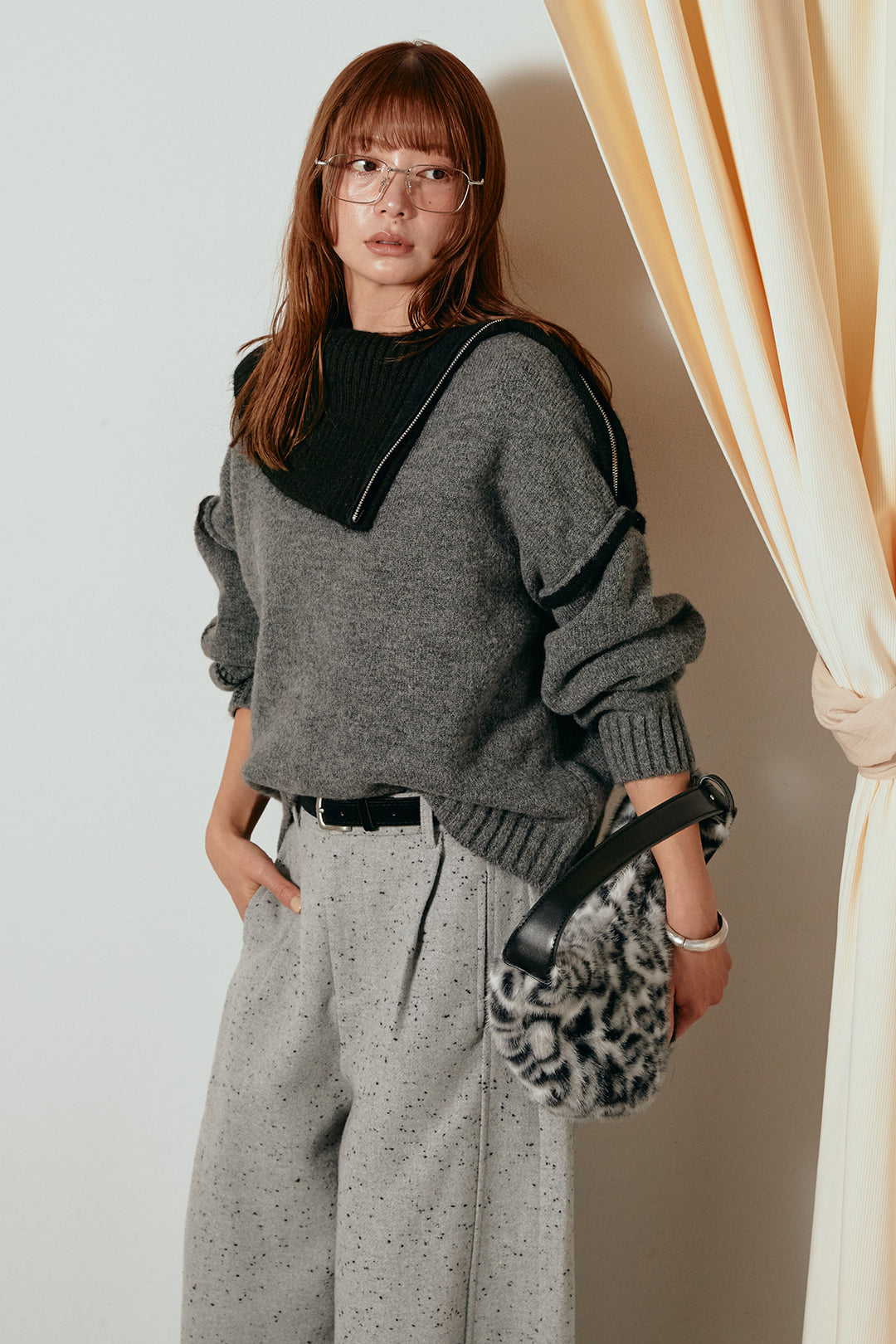 [SET]ハイネックジップデザインニットトップス+ベルト付きネップツイードカーブパンツ(2set)