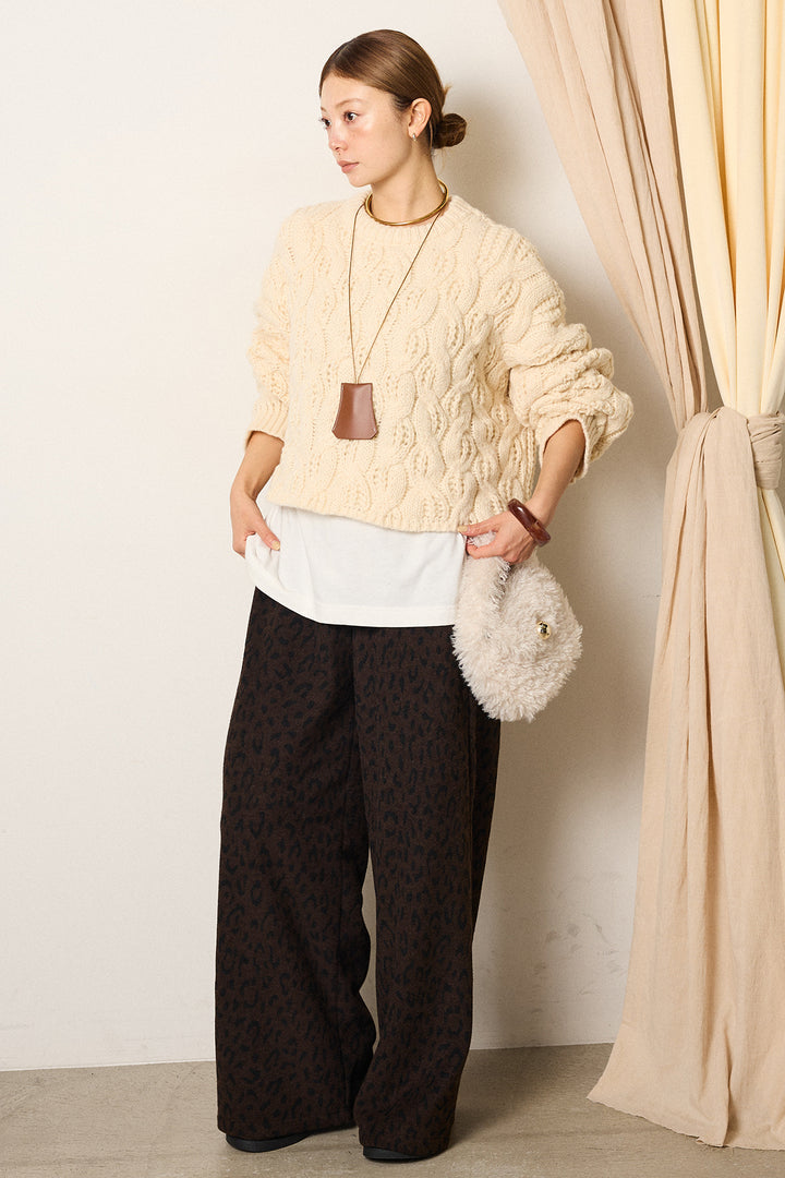 [SET]ケーブルリラックスショートニット+箔プリントBIGシルエットロングスリーブTシャツ+レオパードジャガードニットパンツ(3set)