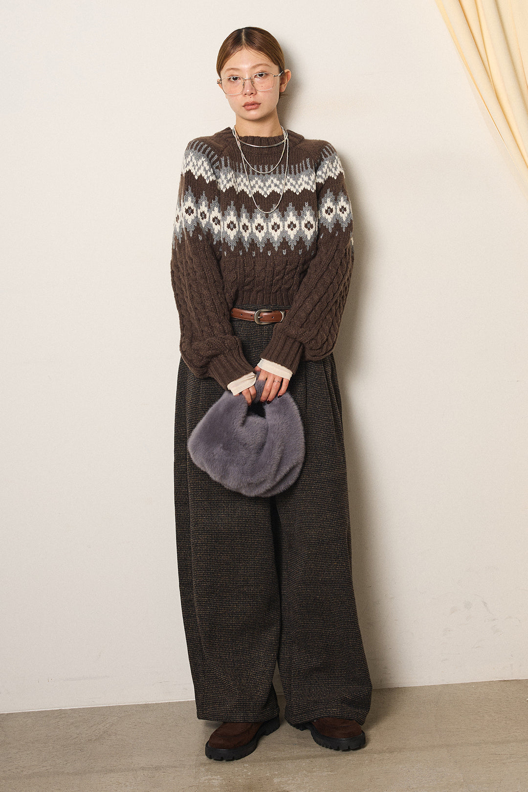 [SET]2WAY求心柄ジャガードショートカーディガン+起毛タック入りツイードワイドパンツ(2set)