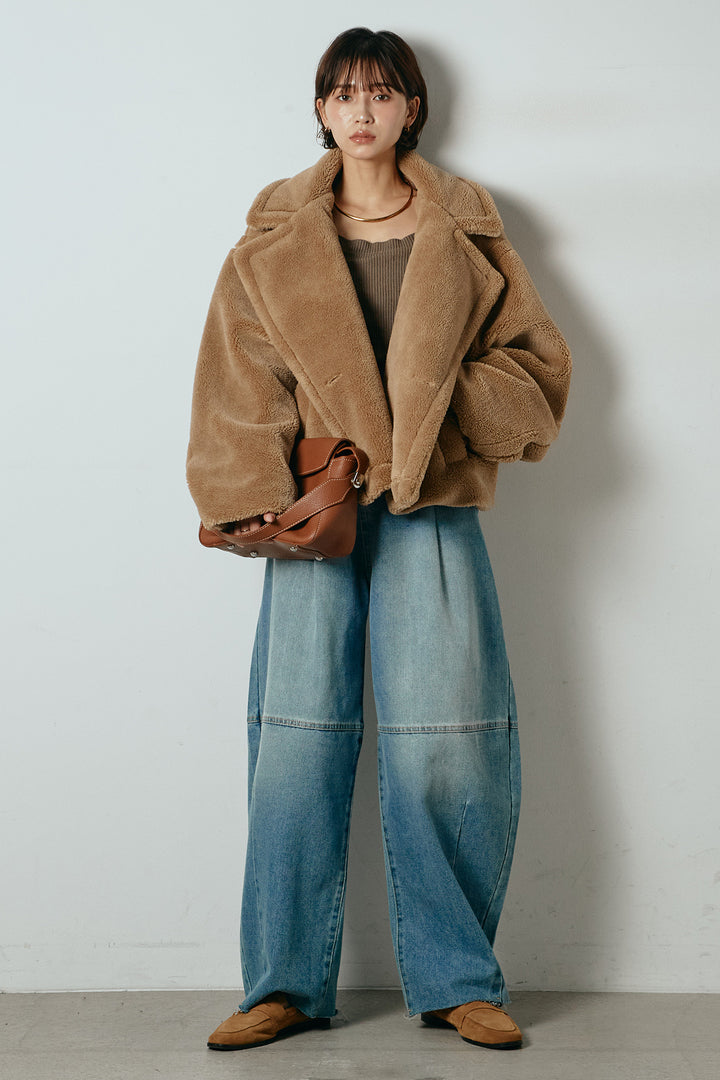 【2月中旬発送】
[SET]テディボアショートジャケット+加工デニムタックコクーンワイドパンツ(2set)