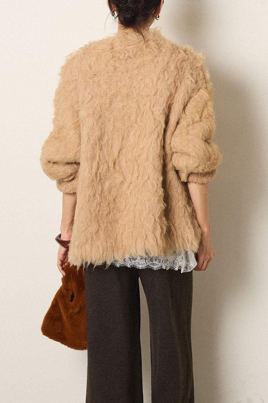 [SET]起毛シャギーニットカーディガン+レース切り替えキャミソール(2set)