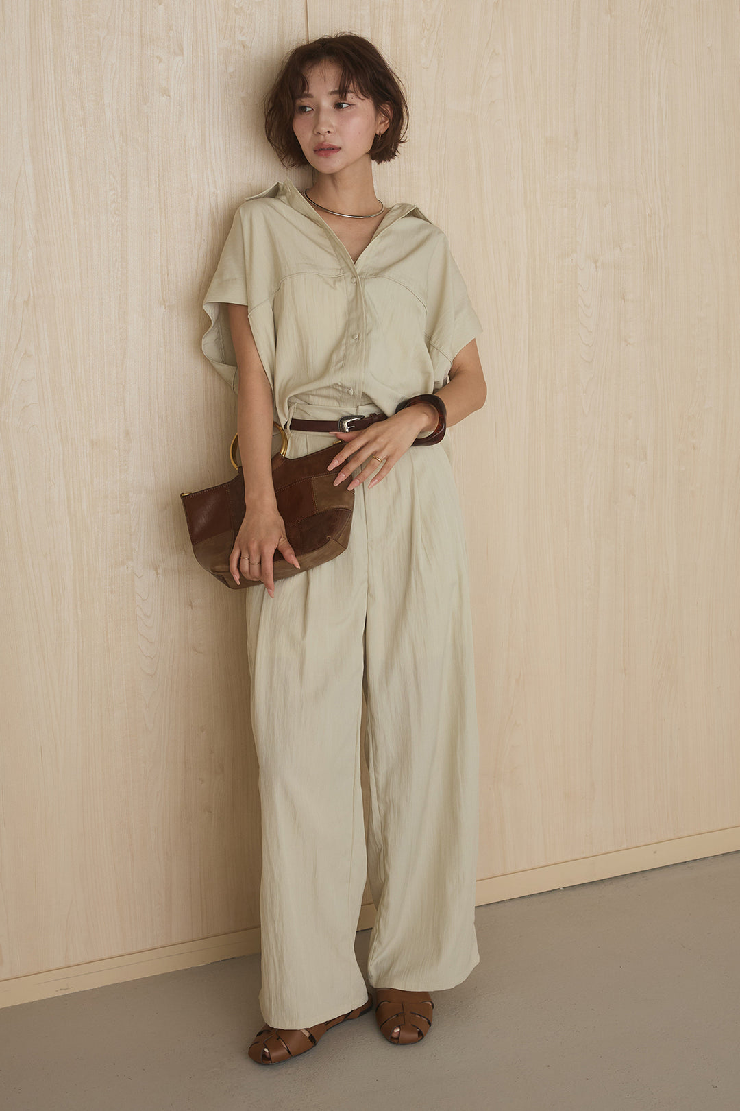 [SET]リネンライクランタンノースリシャツ+リネンライク2タックワイドパンツ(2set)