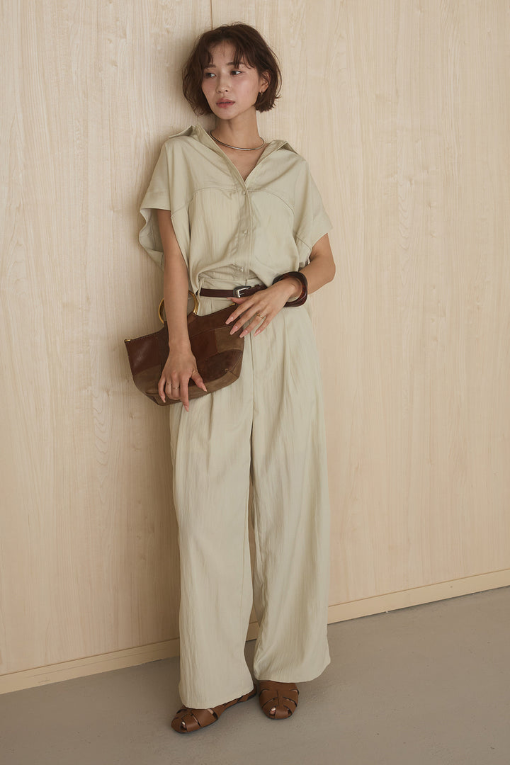 [SET]リネンライクランタンノースリシャツ+リネンライク2タックワイドパンツ(2set)