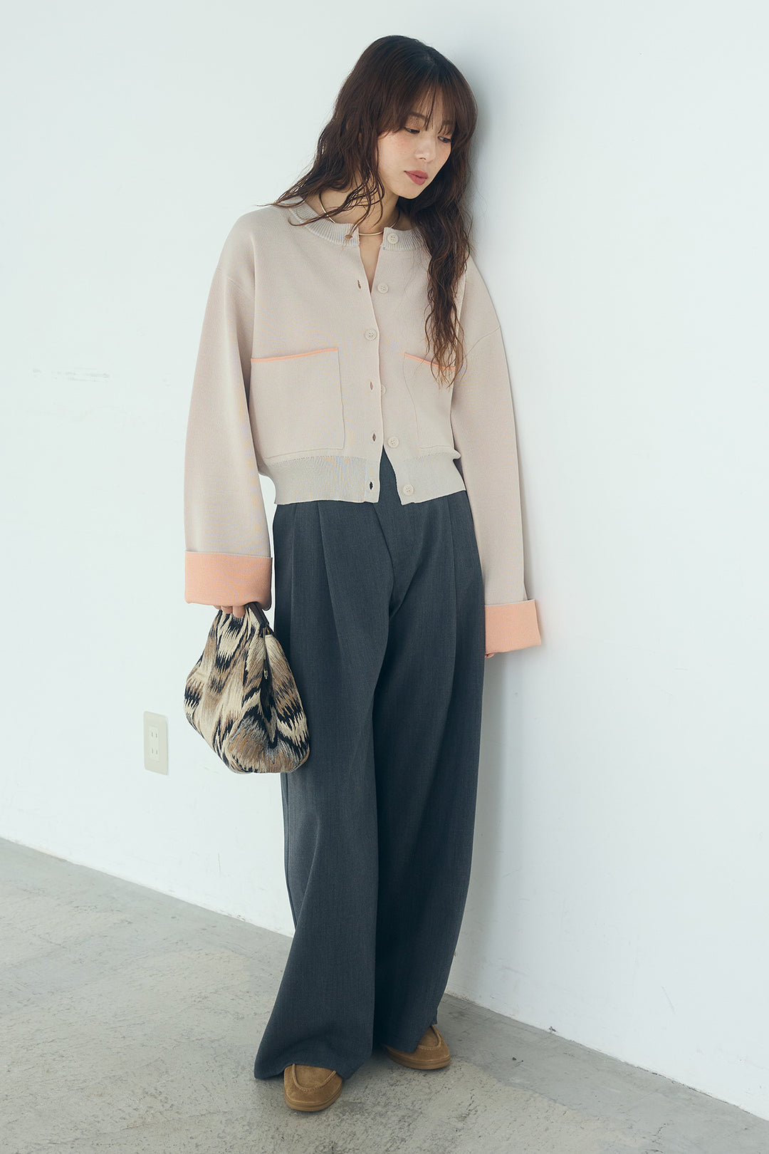 [SET]レーヨンポリダブルフェイスカーディガン+サイドベルトタック入りスラックス(2set)