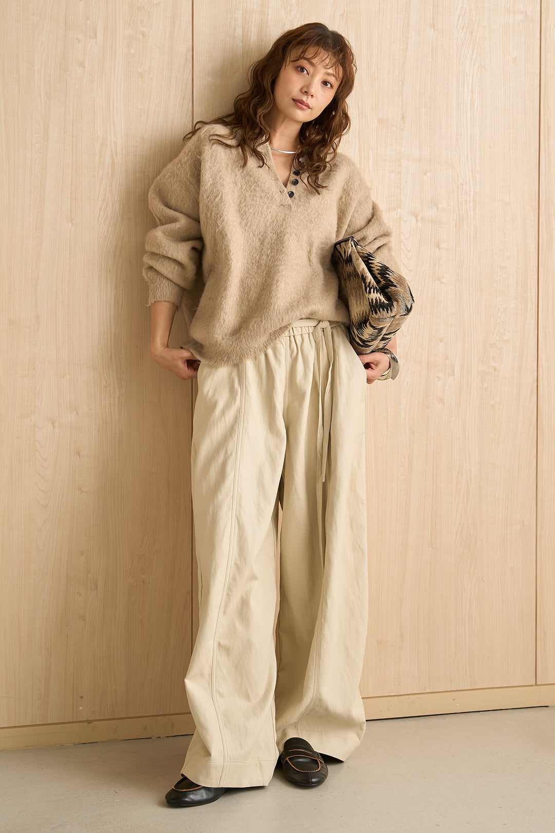 [SET]シャギーヘンリーオーバーニット+フェイクレザーカーブワイドパンツ(2set)