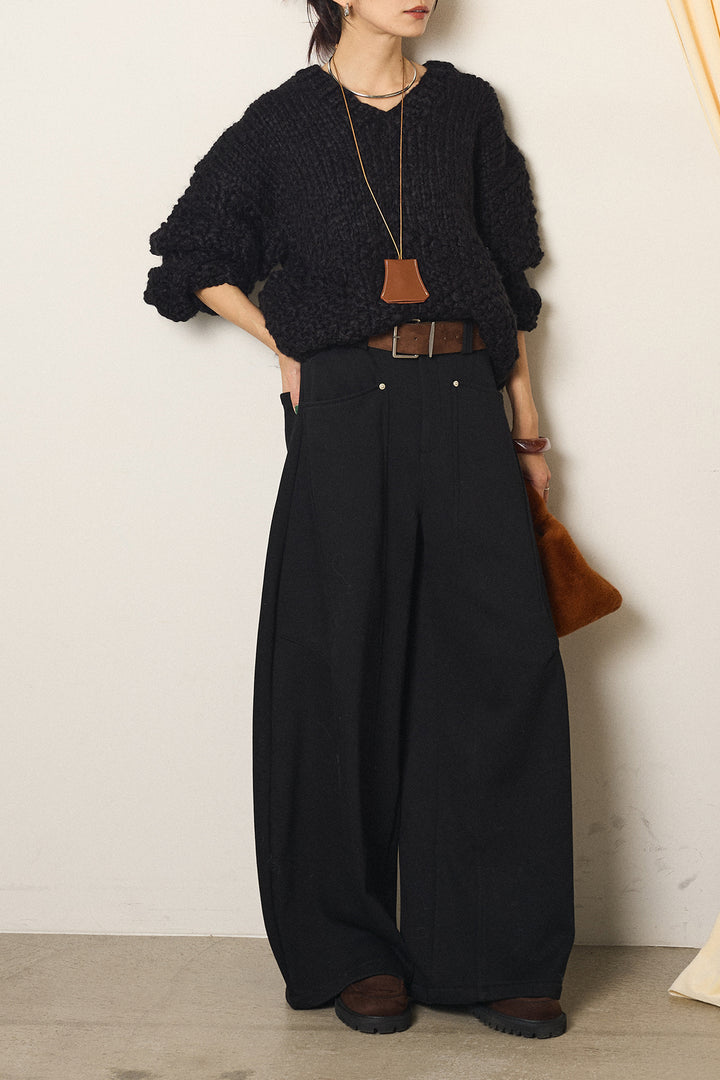 [SET]Vネックハンド編みニットトップス+太ベルト付きスウェットワイドカーブパンツ(2set)