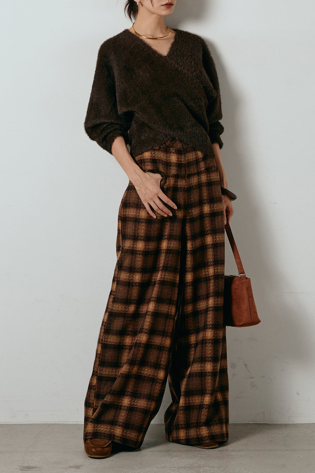 [SET]シャギーカシュクールニットトップス+ルーズタータンチェックワイドパンツ(2set)