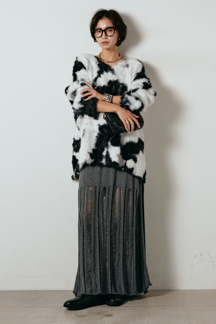 [SET]タイダイ柄シャギーニットトップス+裾シアーリブスカート(2set)