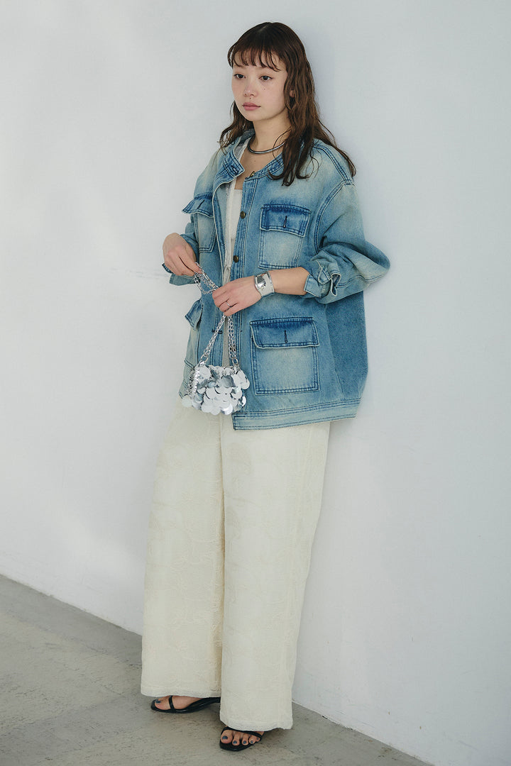 [SET]ノーカラーデニムポケットジャケット+レースサロペット(2set)