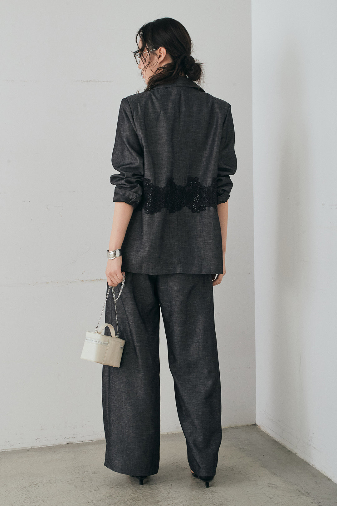 [SET]リネンタッチレースデザインジャケット+リネンタッチ細ベルト付きワイドパンツ(2set)