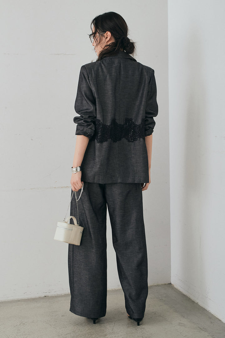 [SET]リネンタッチレースデザインジャケット+リネンタッチ細ベルト付きワイドパンツ(2set)