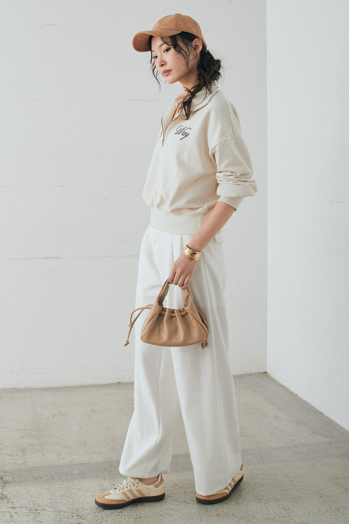 [SET]裏毛ロゴ刺繍ハーフZIPスウェット+斜めボタンタック入りスラックス(2set)