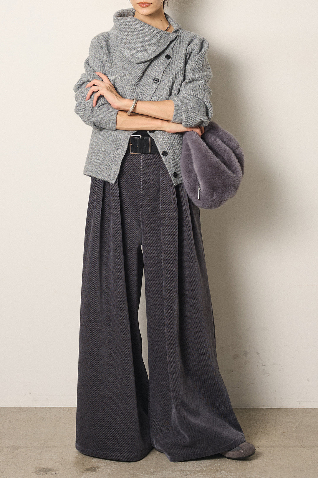 [SET]ボタンデザインネックニットプルオーバー+ベルトループコーデュロイワイドパンツ(2set)