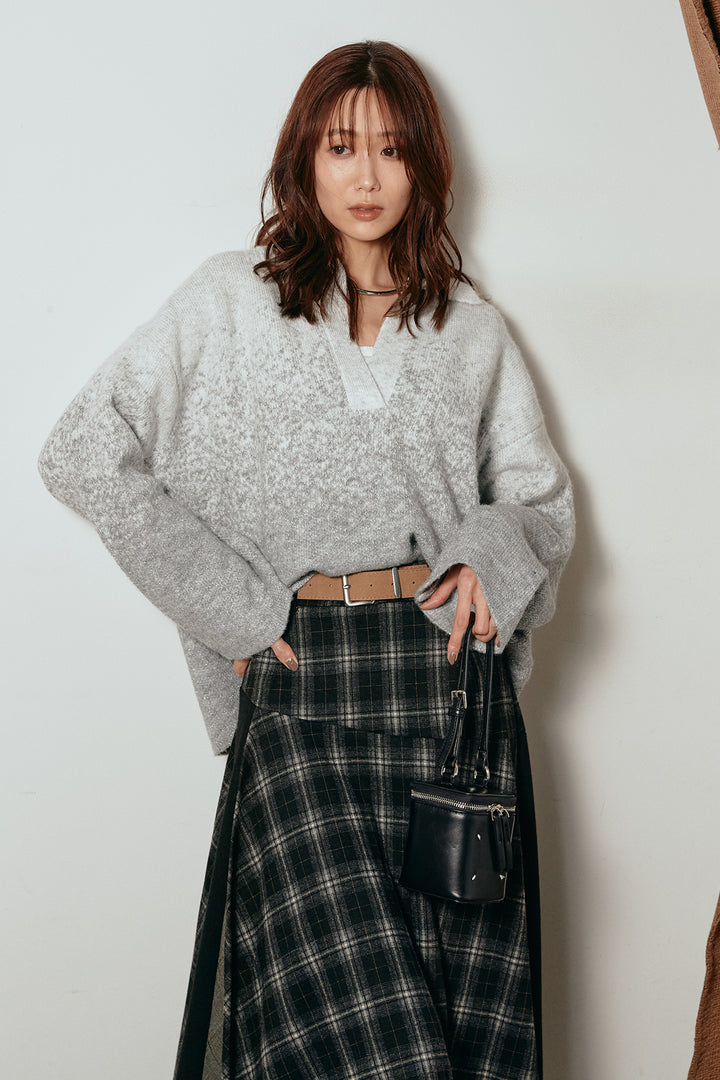 [SET]グラデーションラメニットキーネックプルオーバー+フェイクレザーベルト付き切り替えタータンチェックスカート(2set)