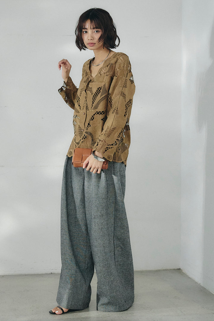 [SET]フラワー刺繍レースブラウス+サイドボタンツイードタックパンツ(2set)