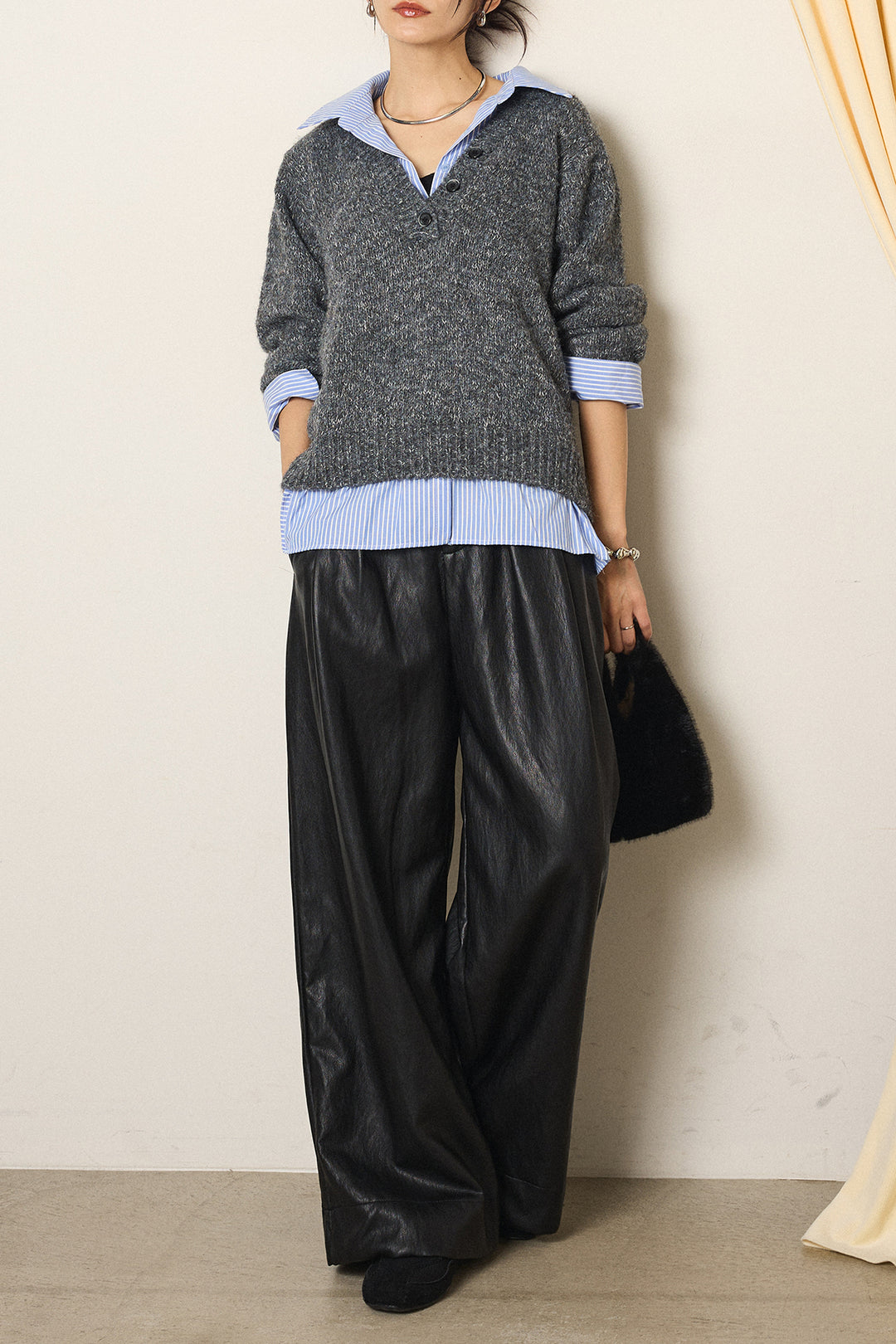 [SET]ストライプシャツドッキングニットポロトップス+ベルト付きレザーライクタックパンツ(2set)