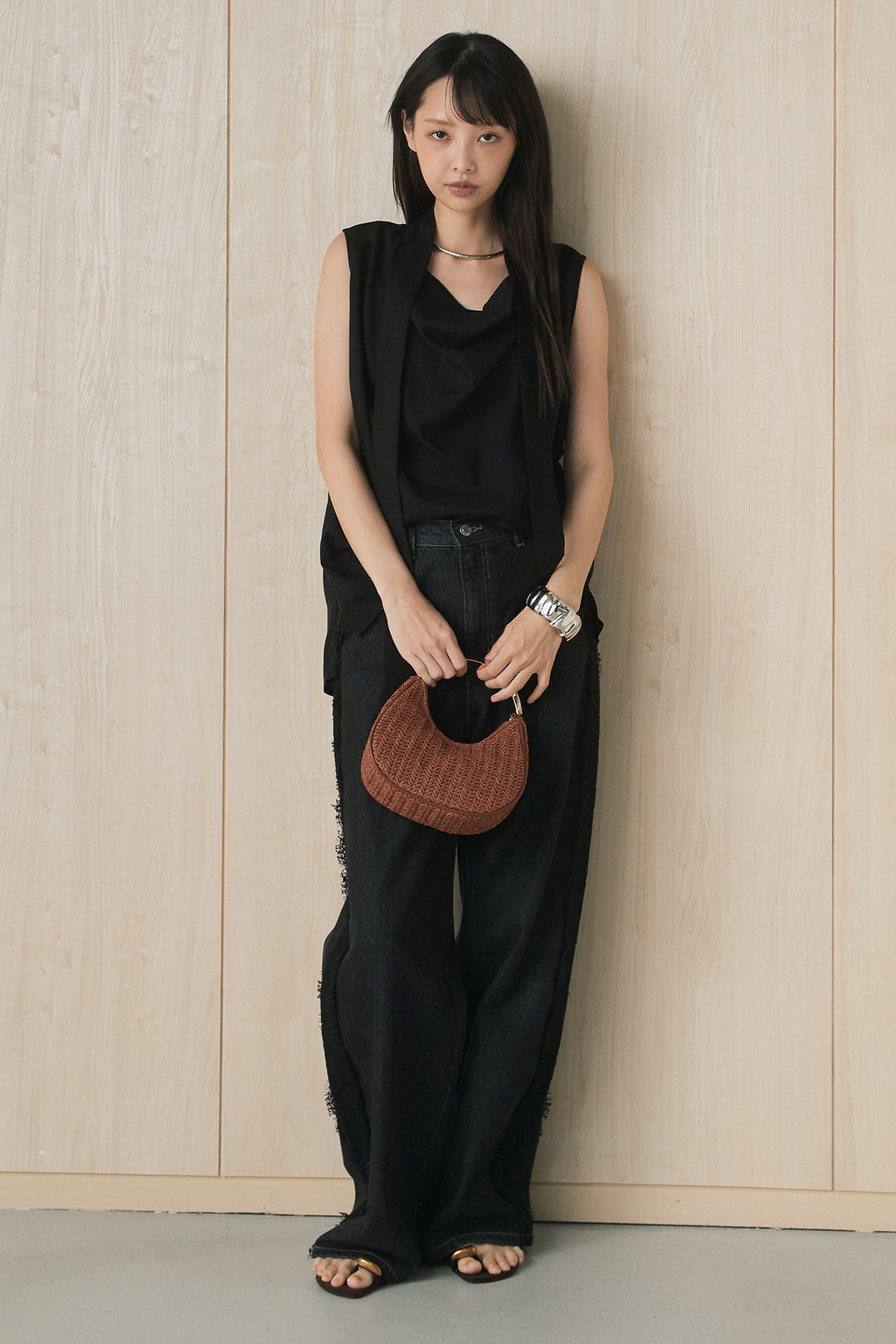 [SET]タイ付きノースリブラウス+デニムサイドレースパンツ(2set)