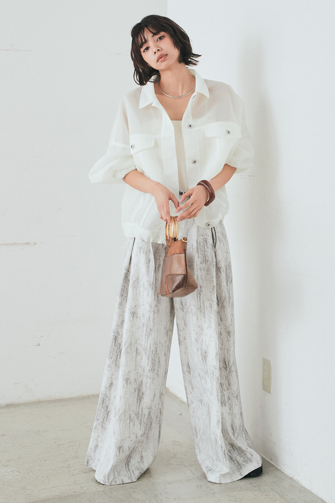 [SET]シアーダンボールサイドドロストジャケット+紐ベルト付きかすれ柄ワイドスラックス(2set)