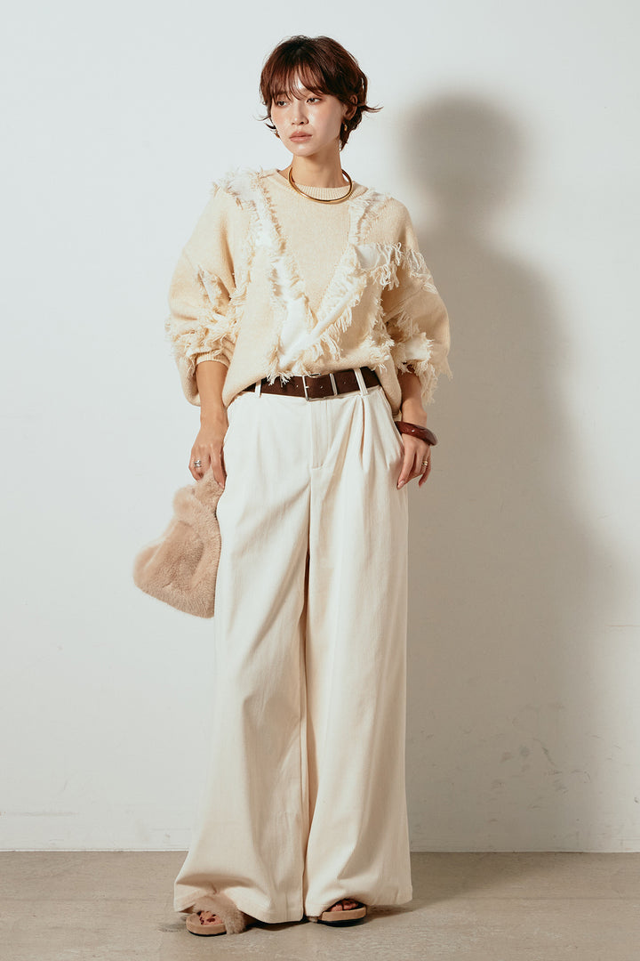 [SET]シャギージャガードニットトップス+太ベルト付きコーデュロイタックパンツ(2set)