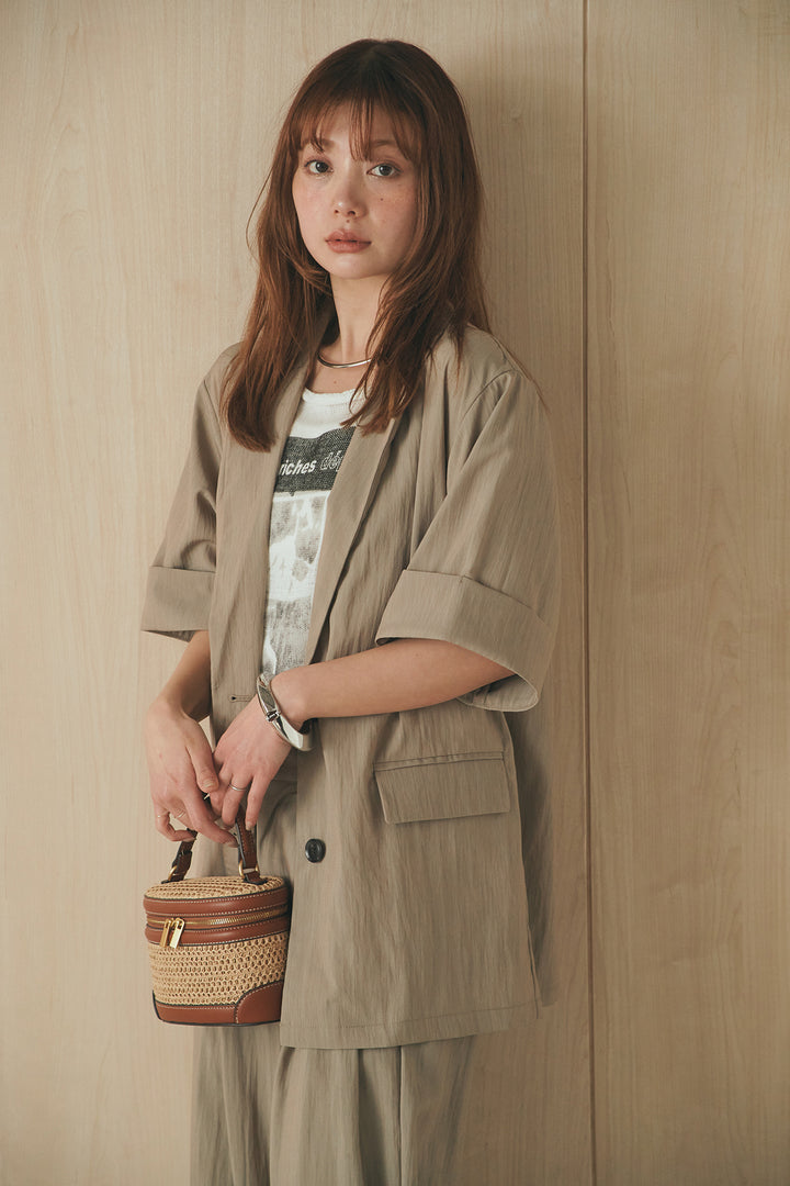 [SET]リネンライクテーラードハーフスリーブジャケット+リネンライク2タックワイドパンツ(2set)