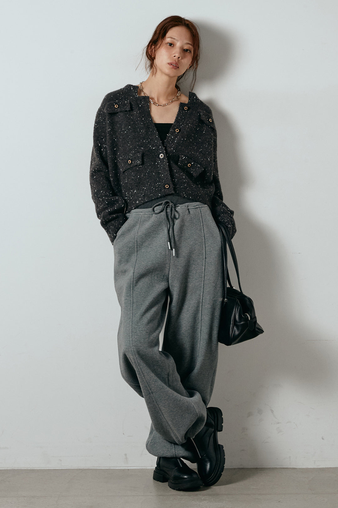 [SET]ネップニットカーディガン+スウェットワイドカーブパンツ(2set)