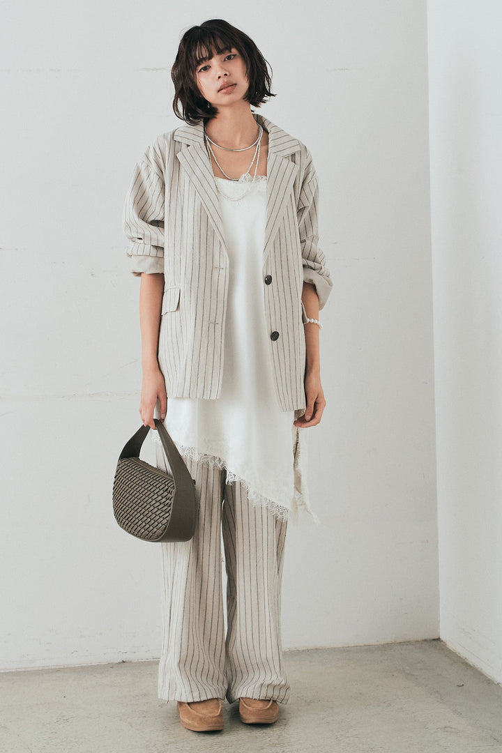 [SET]リネンライクストライプテーラードジャケット+リネンライクストライプタックイージーパンツ+サテンレースアシメキャミ(3set)