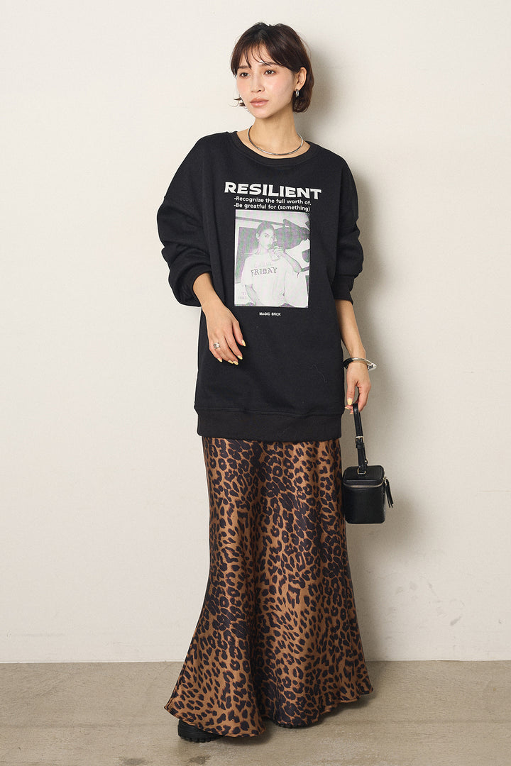 [SET]モノトーンプリントスウェット+レオパード柄サテンスカート(2set)