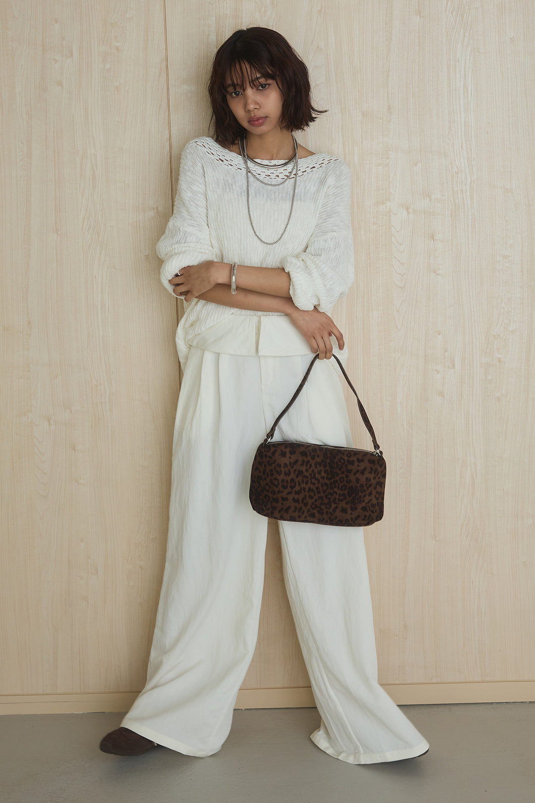 [SET]ネック編みデザインニットトップス+ウエスト折り返しワイドパンツ(2set)