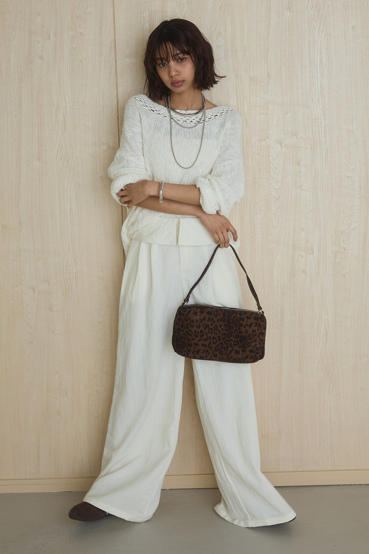 [SET]ネック編みデザインニットトップス+ウエスト折り返しワイドパンツ(2set)