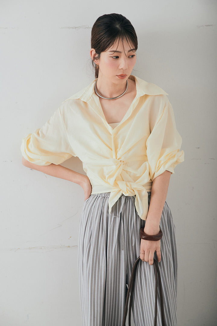 [SET]裾巻きツイストデザインシャツ+レーヨンストライプイージーワイドパンツ(2set)