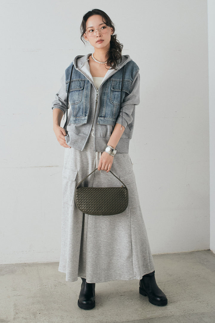 [SET]デニム切替ポンチダブルジップパーカー+リラックススウェットスカート(2set)