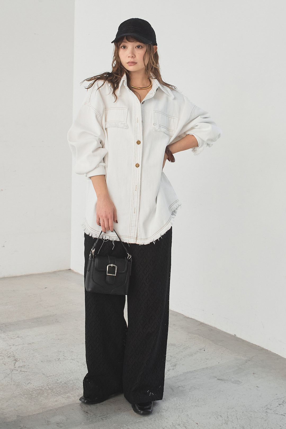 [SET]フリンジデニムジャケット+ダイヤ柄レースロングイージーパンツ(2set)