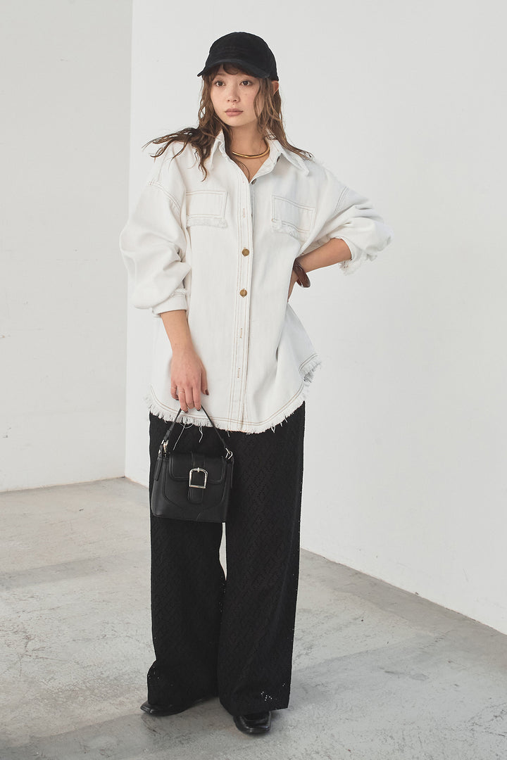 [SET]フリンジデニムジャケット+ダイヤ柄レースロングイージーパンツ(2set)