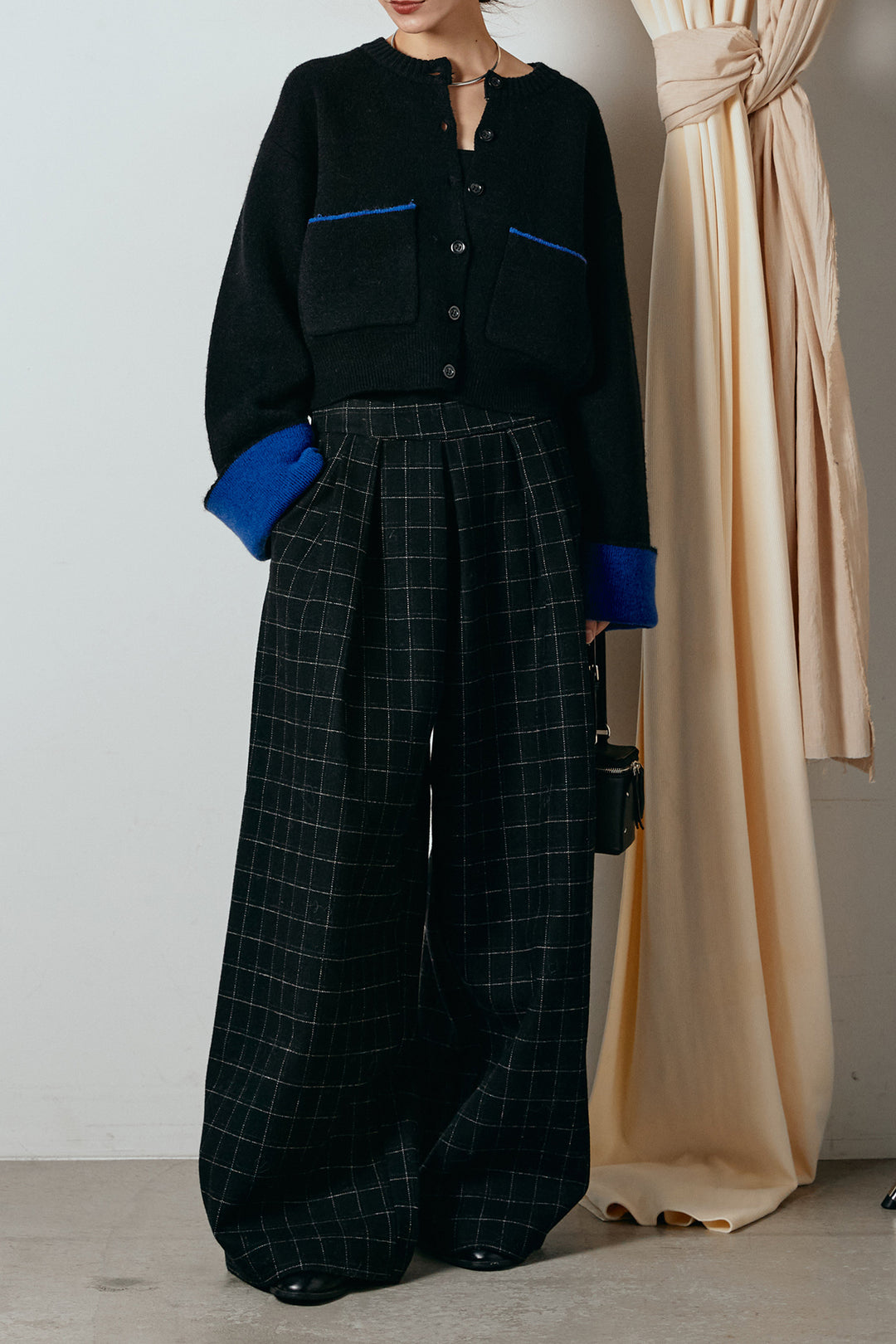 [SET]アルパカタッチダブルフェイスカーディガン+ウールライクチェックタックパンツ(2set)