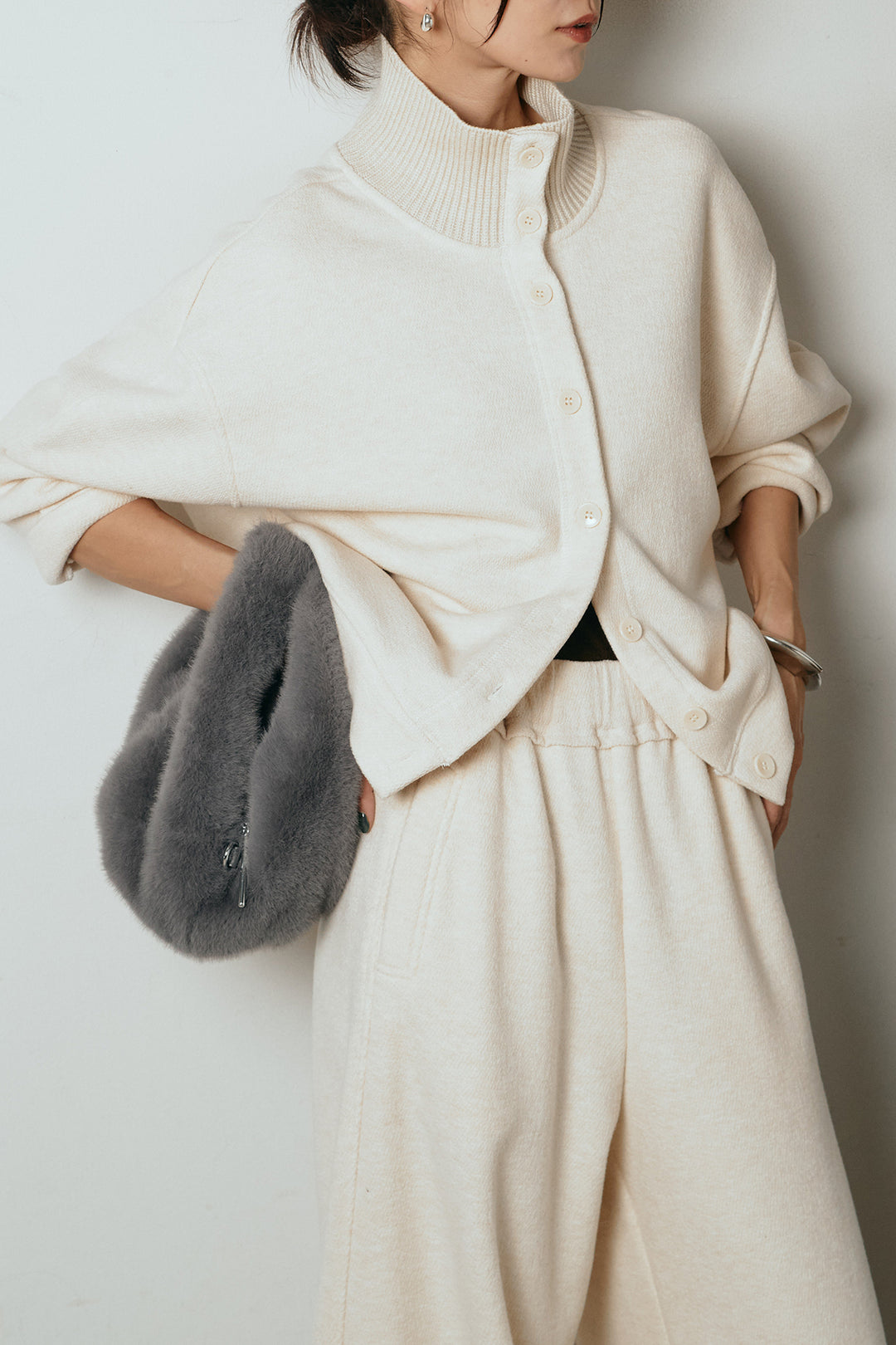 [SET]リブスタンドネックボタントップスSETUP