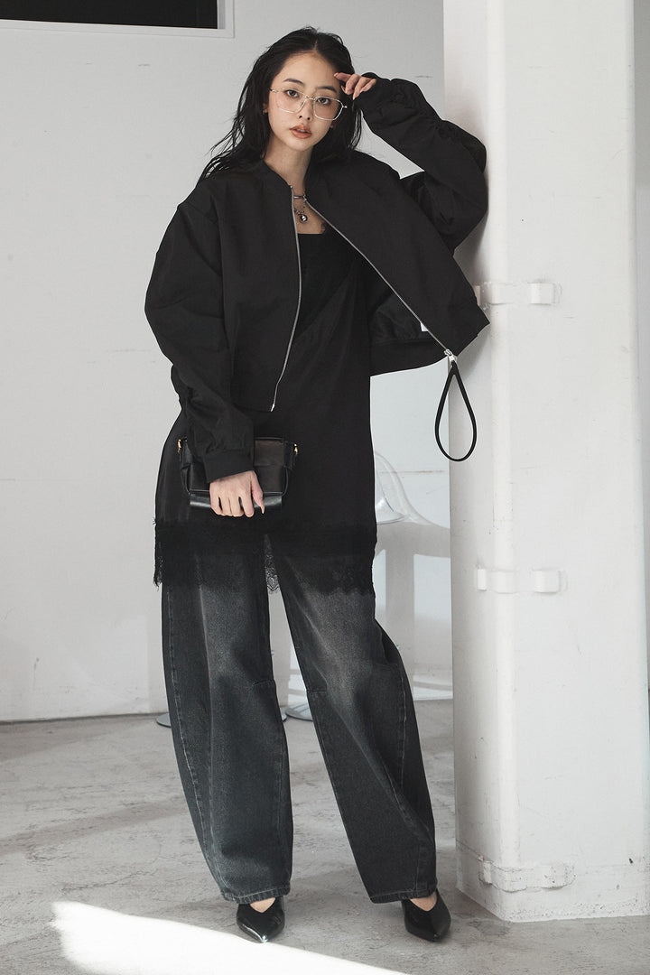 [SET]袖ギャザーデザインブルゾン+デニムアシメカーブパンツ(2set)